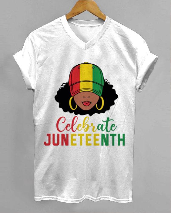 Celebrating Juneteenth Hat Girl V-neck Short Sleeve Tshirt
