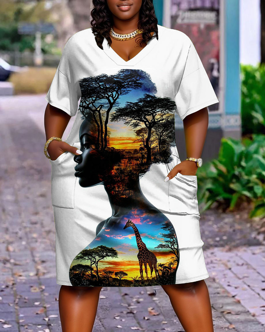 African Women Grassland Casual V-neck Pocket Dress