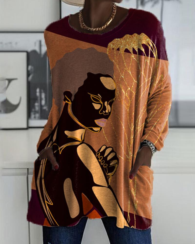 Black Girls Contrast Print Women's Retro Pocket Top