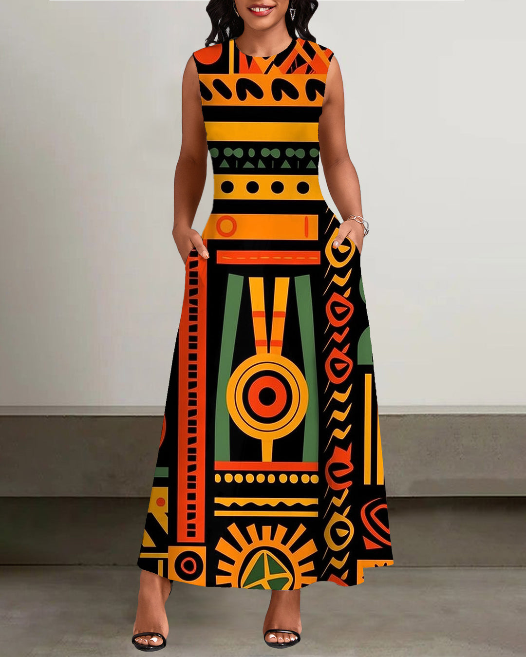 African Art Printable Pockets Casual Dress