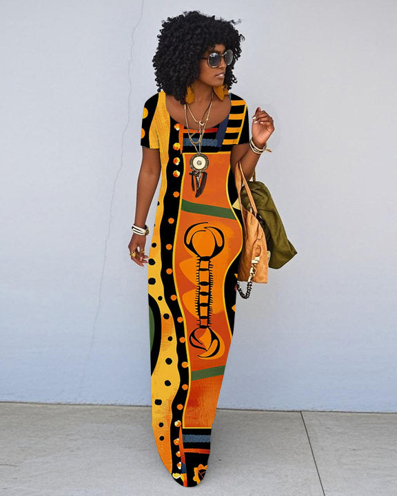 African Abstract Print Short Sleeve Crewneck Maxi Dress