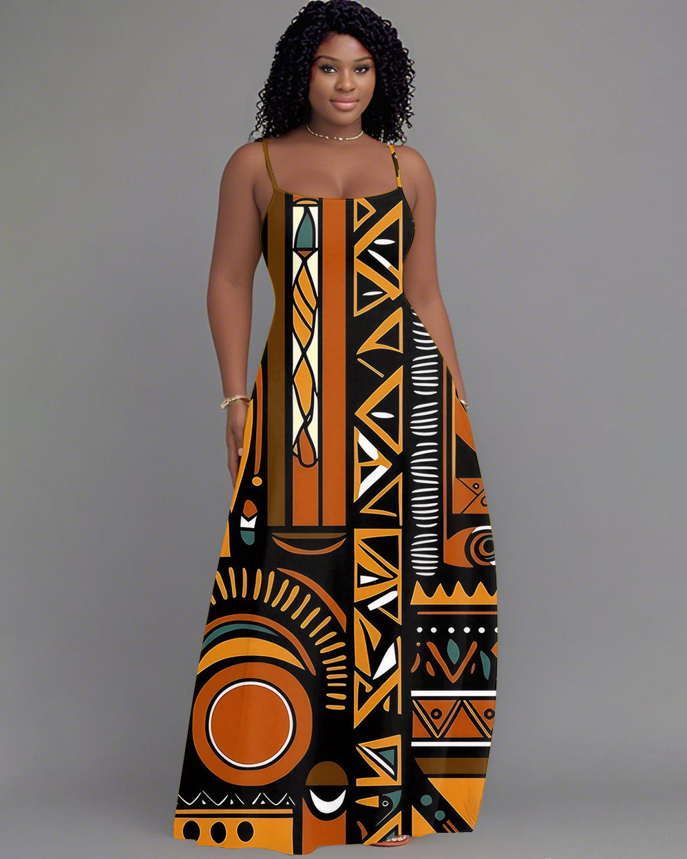 Sling Tribal Geometric Print Holiday Pocket Dress