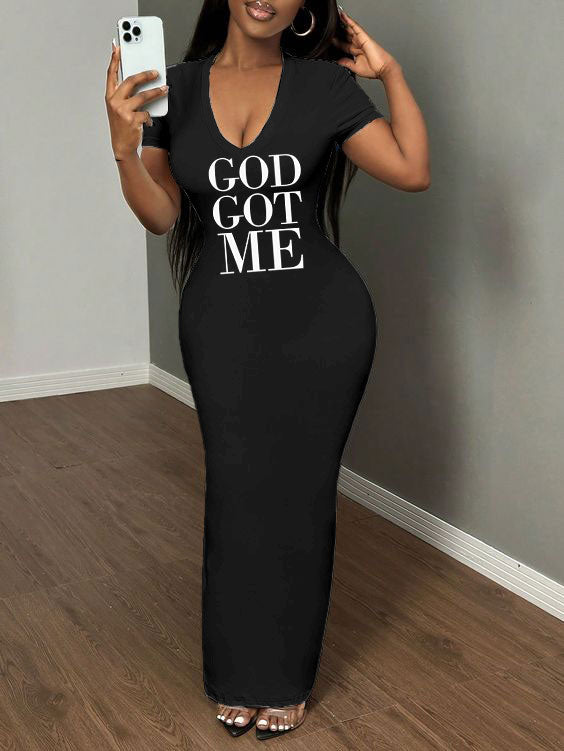 God Got Me Print Short Sleeve Bodycon Maxi Dress
