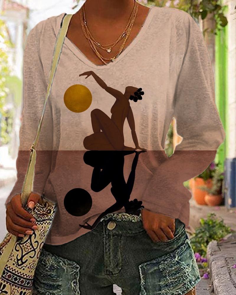 Contrast color art black print v-neck top