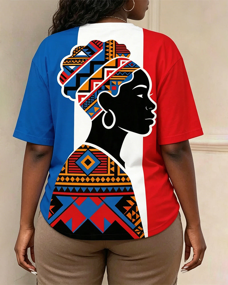 Blue, White And Red Color Matching African Women Ethnic Style Printed Round Neck Short Sleeve T-shirt