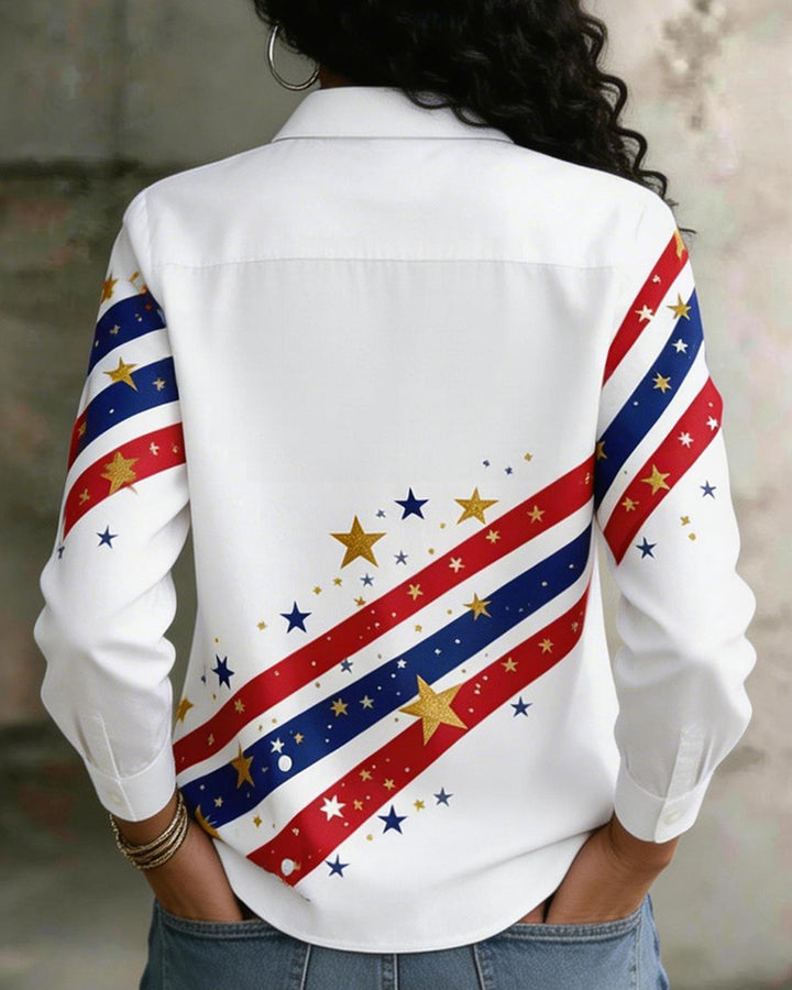 White Red Blue Twill Star America 1776-2026 Printed Lapel Long Sleeve Shirt