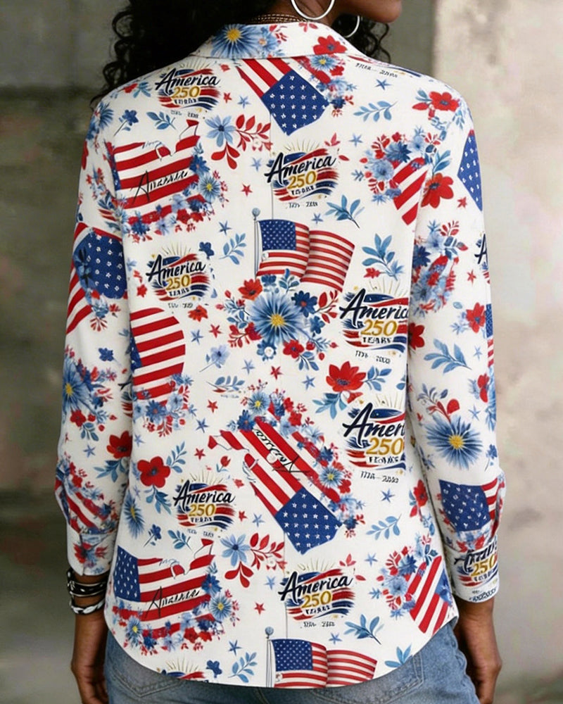 American Flag Floral America250 Print Lapel Long Sleeve Shirt