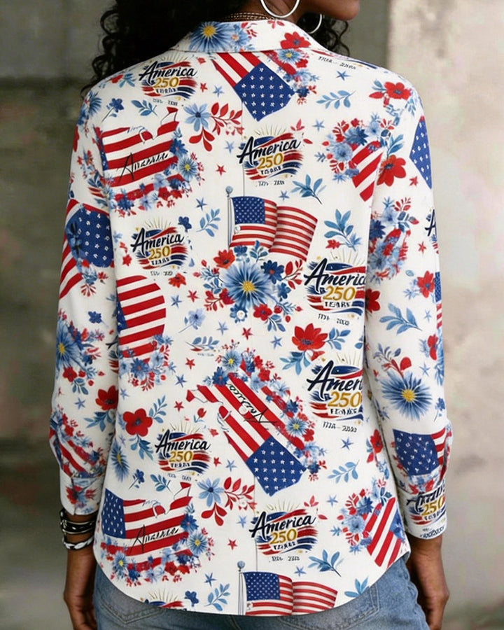American Flag Floral America250 Print Lapel Long Sleeve Shirt
