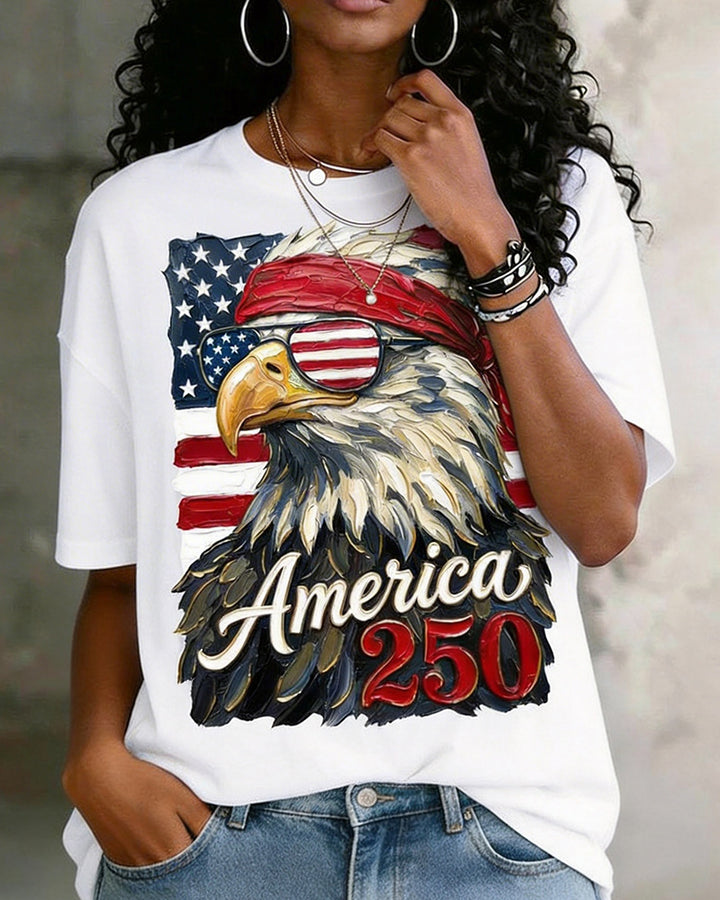 100% Cotton American Flag Bald Eagle America 250 Printed Short Sleeve T-Shirt