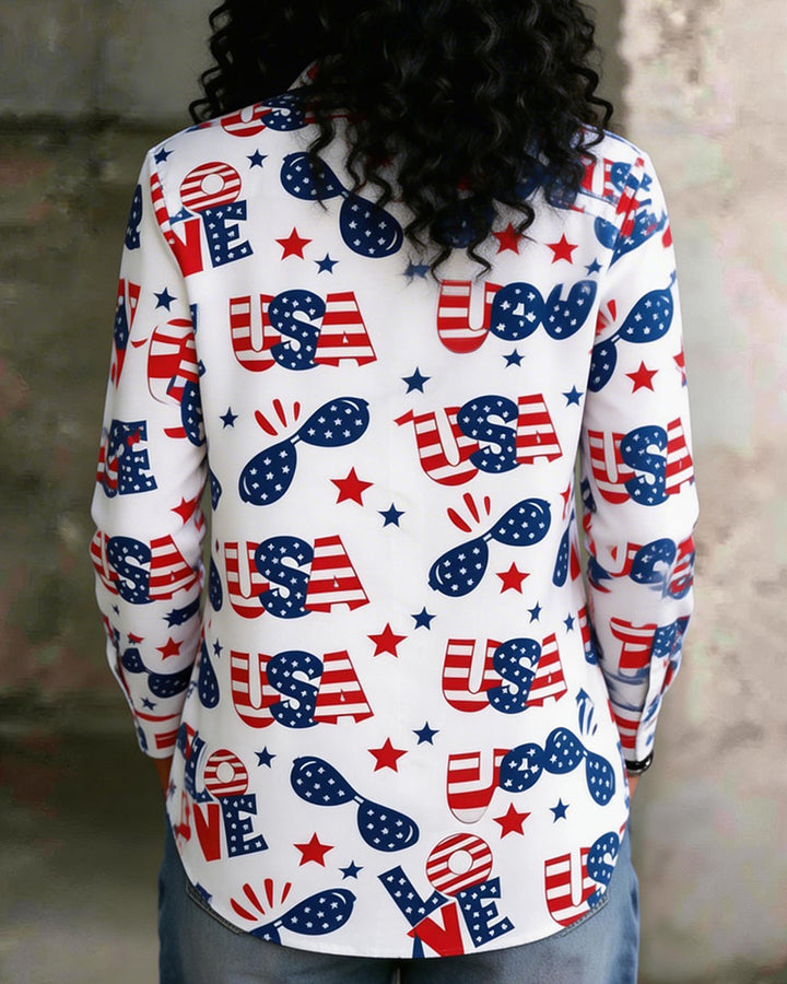 LOVE USA Alphabet Sunglasses Printed Lapel Long Sleeve Shirt