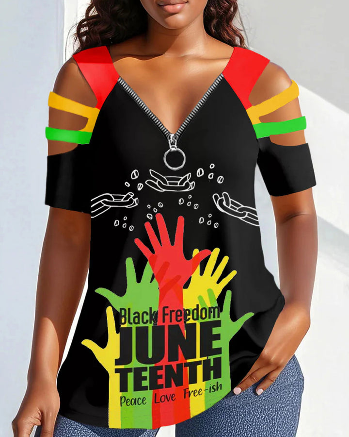 Celebrate Juneteenth Together Zipper V-Neck Short Sleeve Tshirt