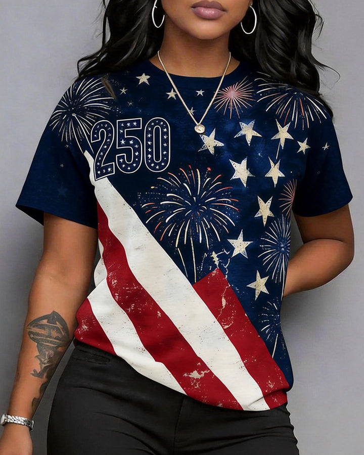 American Flag Fireworks 250 Anniversary Printed Short Sleeve T-Shirt