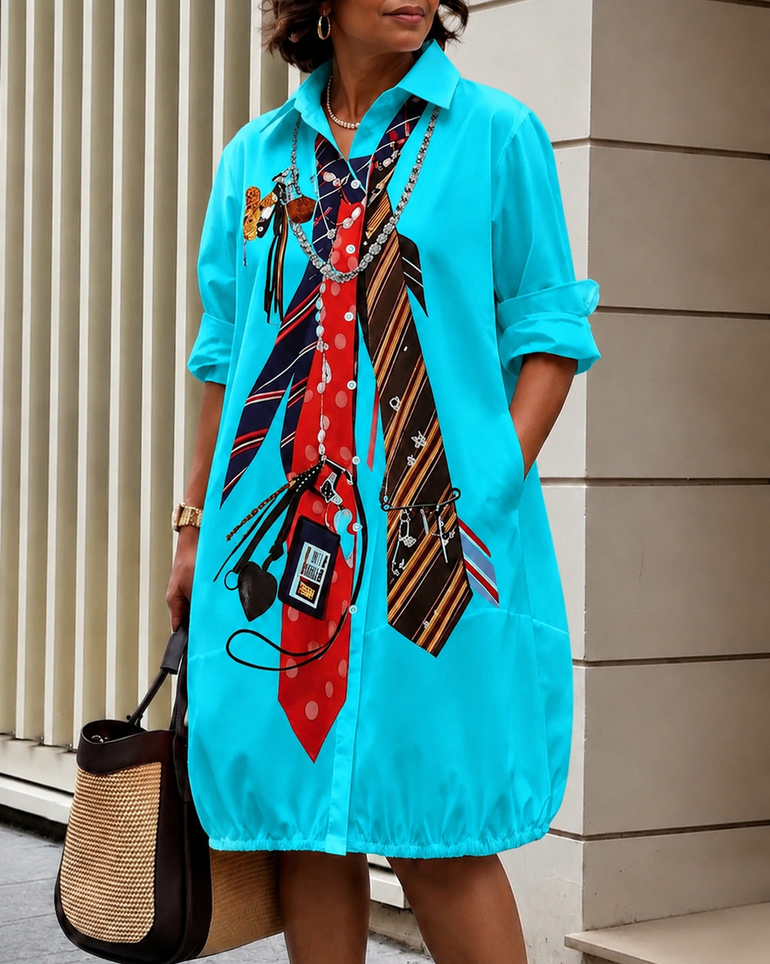 Long Sleeves Loose Buttoned Pockets Printed Lapel Midi Dresses