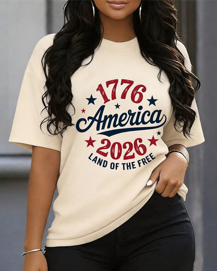 100% Cotton 1776-2026 America Free Land Letter Printed Short Sleeve T-shirt