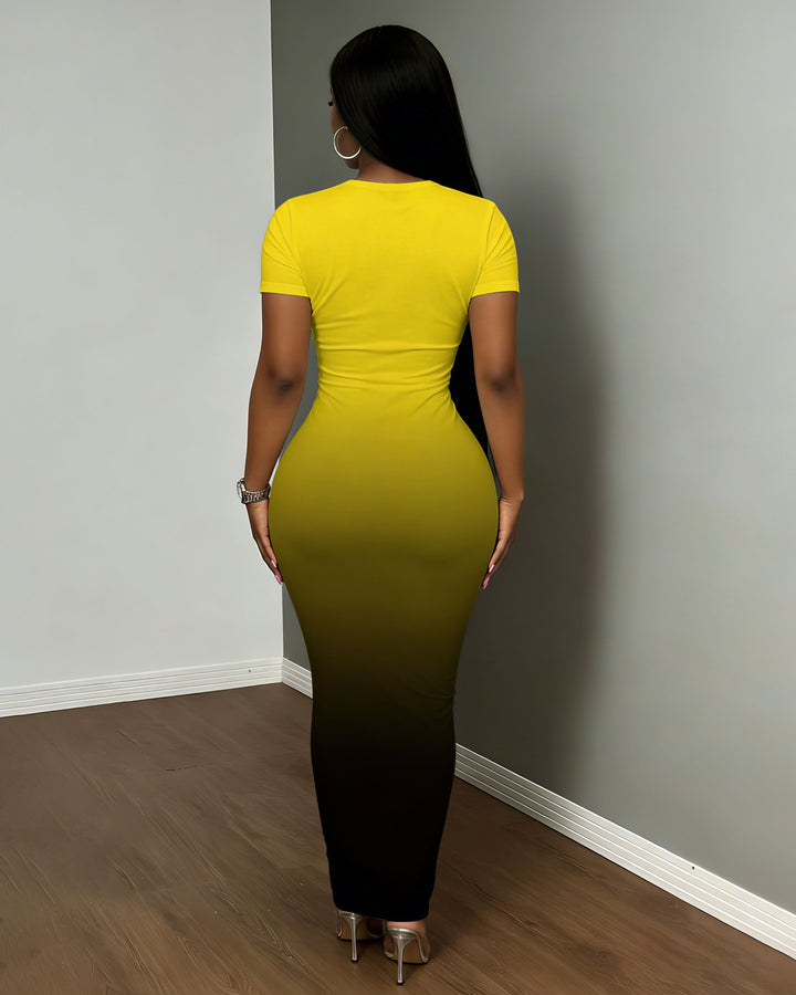 Women's Yellow & Black V-Neck Gradient Dress