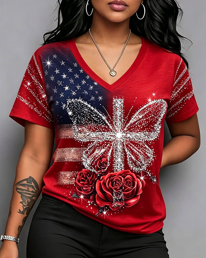 American Flag Flash Diamond Butterfly Rose Print V-Neck Short Sleeve Tee