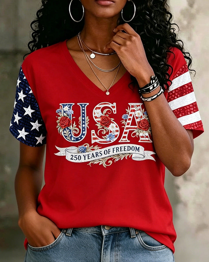 USA Letter 250 Anniversary Free Theme Printed V-Neck Short Sleeve Tee