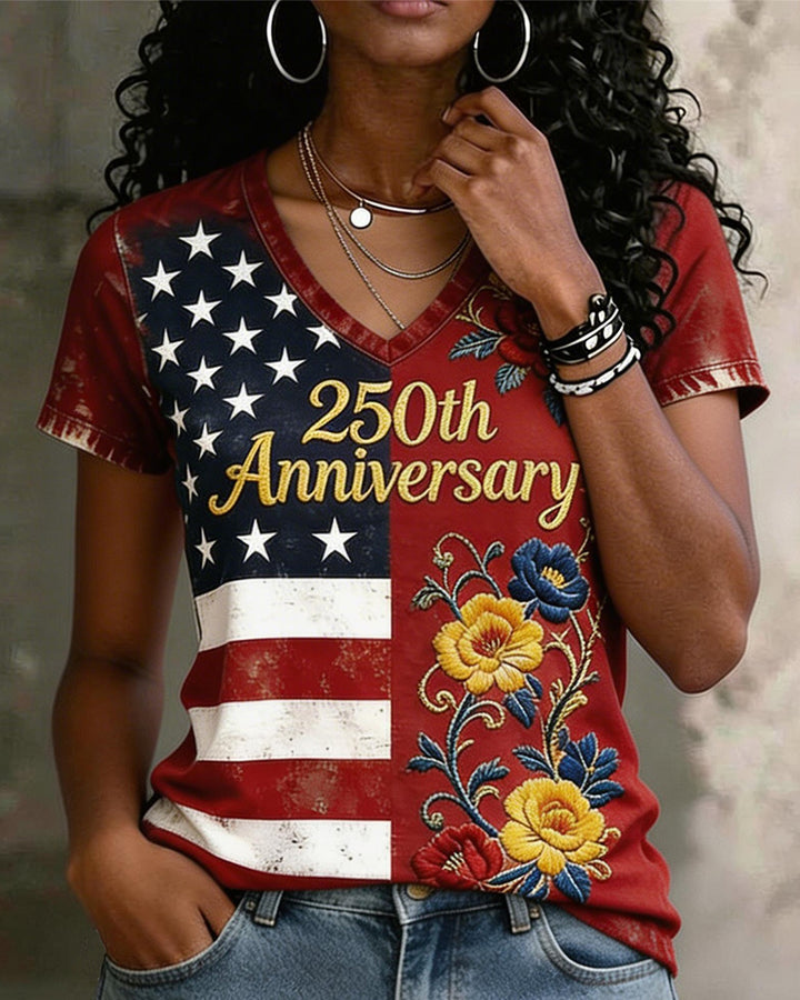 American Flag 250th Anniversary Floral Print V-Neck Short Sleeve Tee