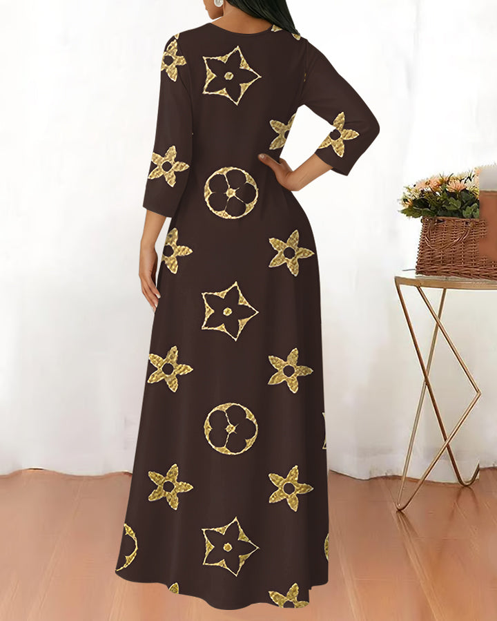 Round Neck Golden Geometric Flowers Long Sleeves Maxi Dress