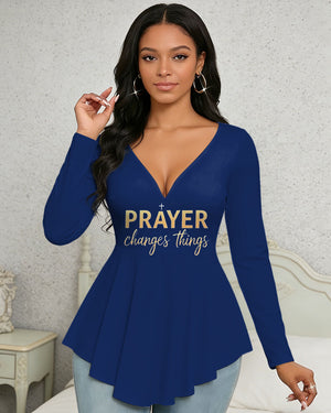 V-neck ruffle top-Blue