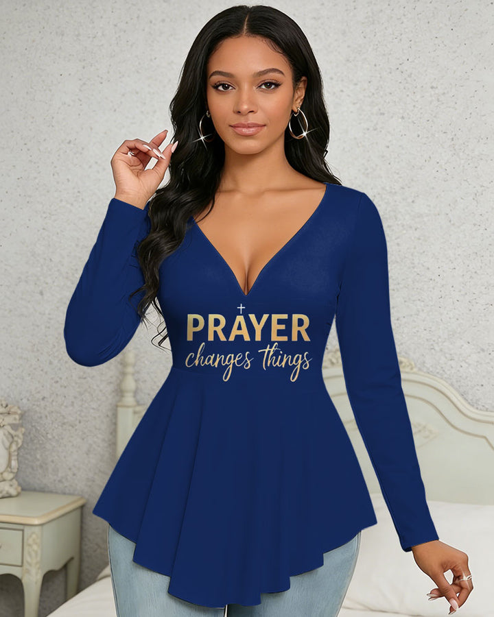 Prayer Slogan Printed Short-sleeved T-shirt (pure Cotton)/neck Slanted Top/V-neck Ruffled Top