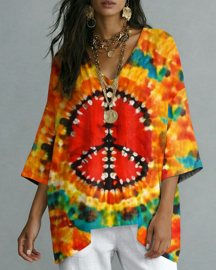 Tie-Dye Pattern Ethnic Print Hemp Shoulder Top
