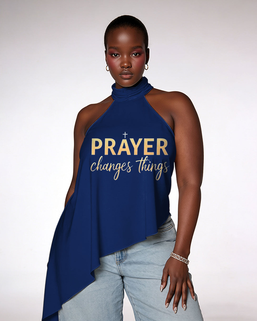 Prayer Slogan Printed Short-sleeved T-shirt (pure Cotton)/neck Slanted Top/V-neck Ruffled Top