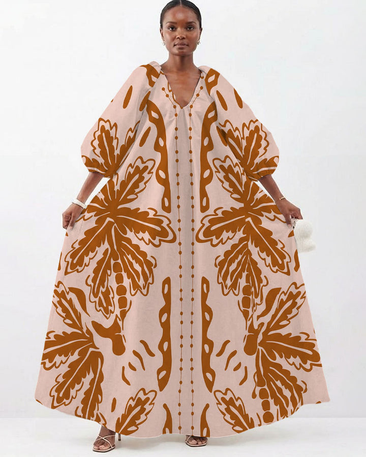 Women's Summer Casual Symmetrical Print V-Neck Long Dress