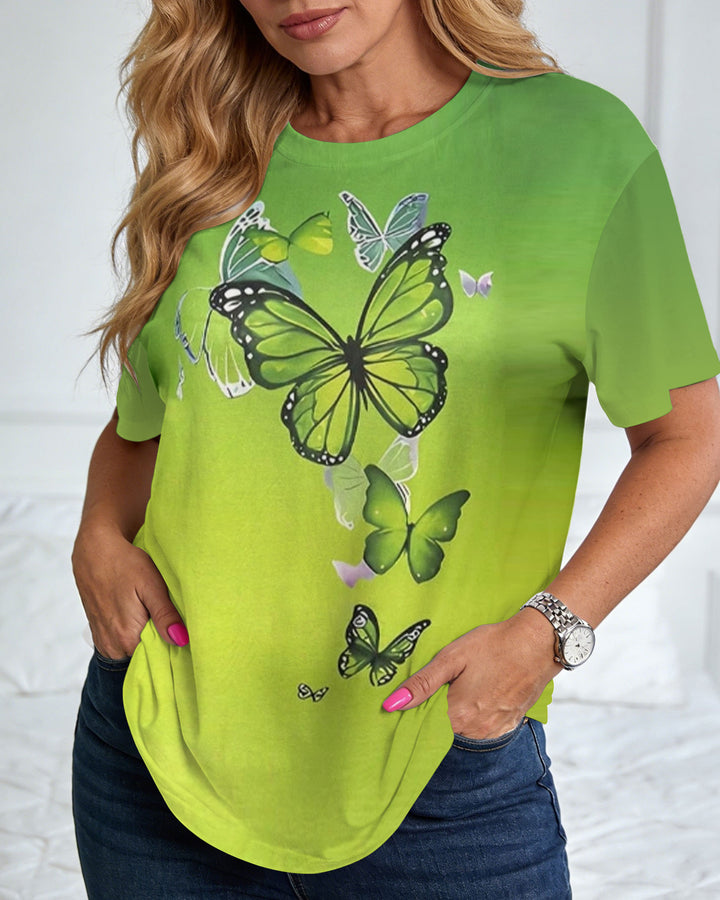 Gradient Color Butterfly-Print Short-Sleeve Tee