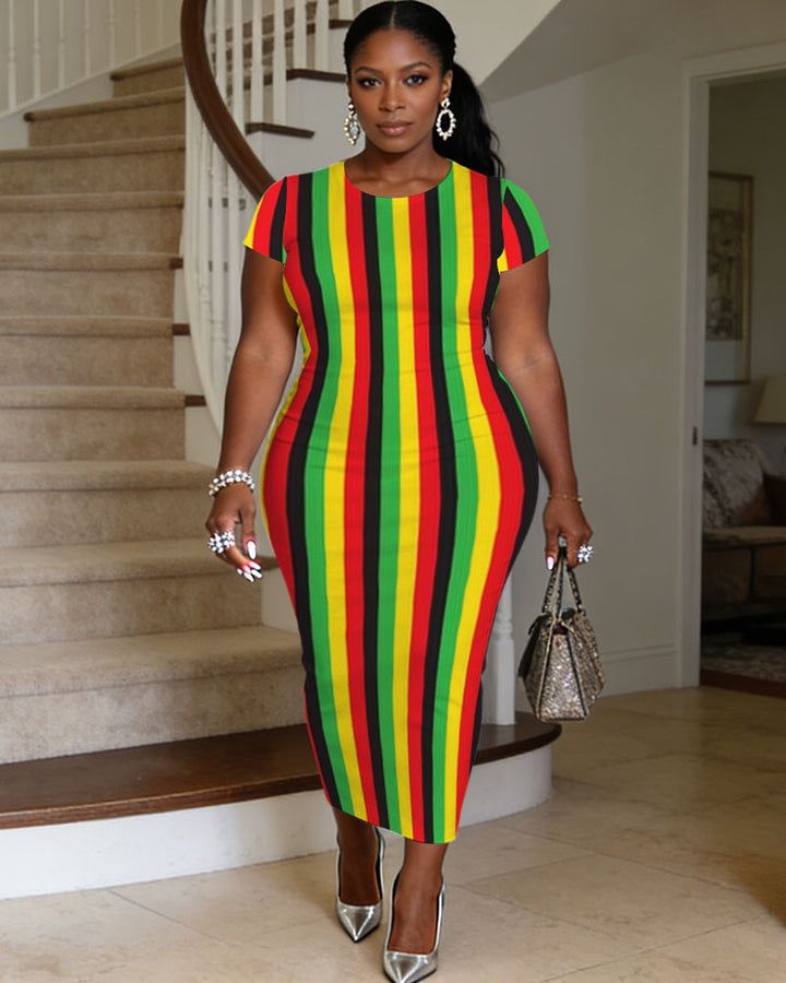 African Classic Kent Reggae Color Print Women's Round Neck Short Sleeve Dress