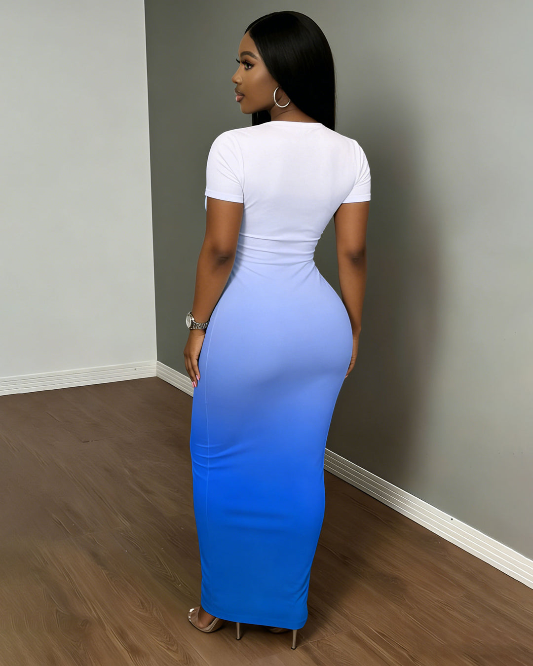 Women's Blue & White V-Neck Gradient Dress