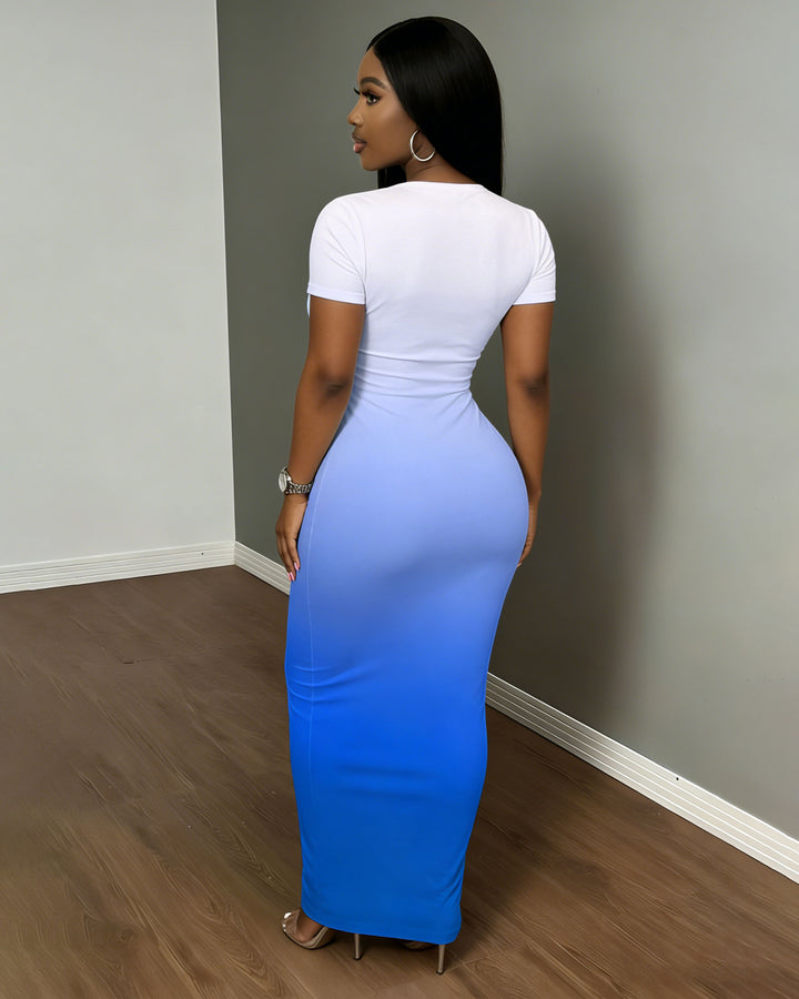 Women's Blue & White V-Neck Gradient Dress