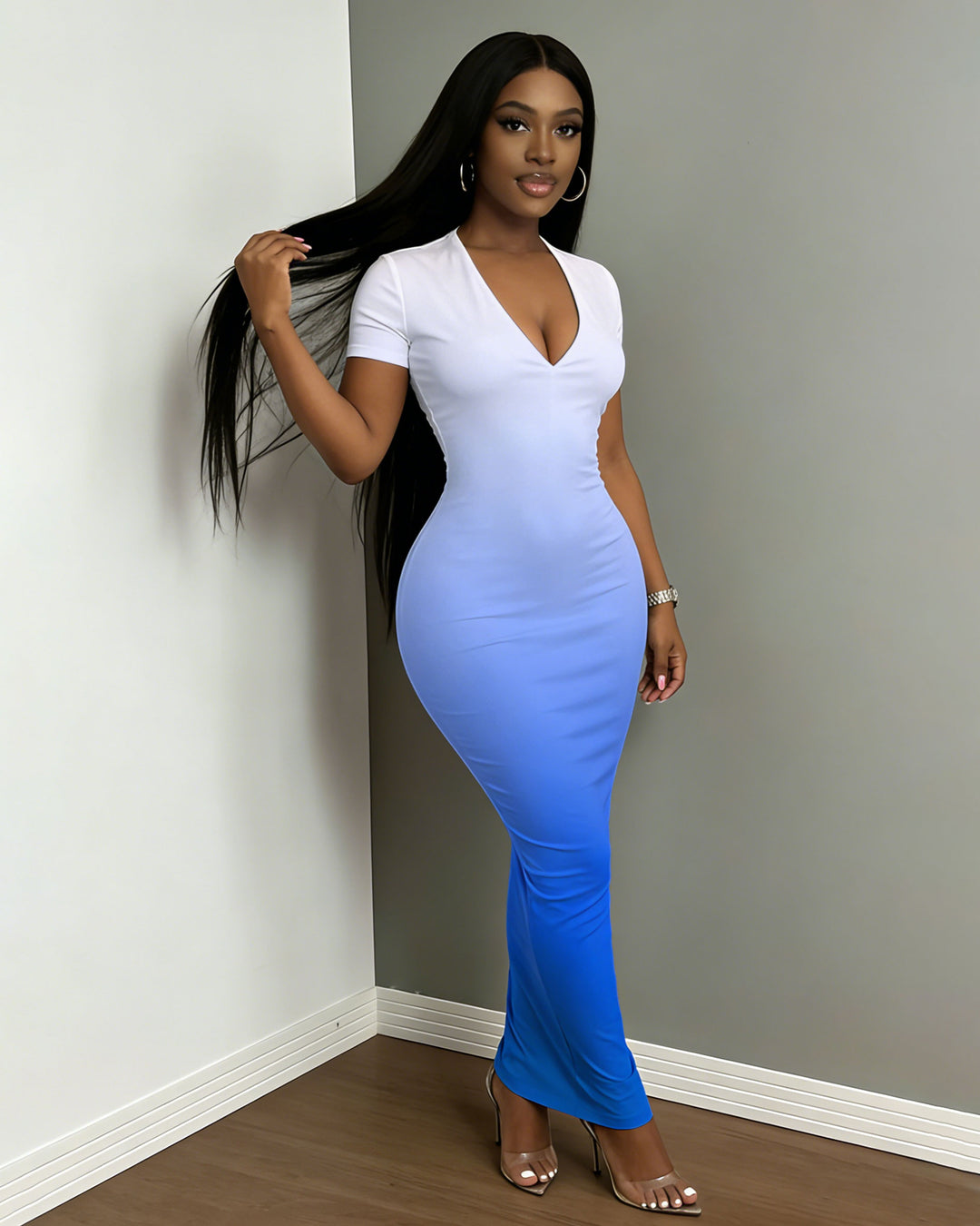 Women's Blue & White V-Neck Gradient Dress