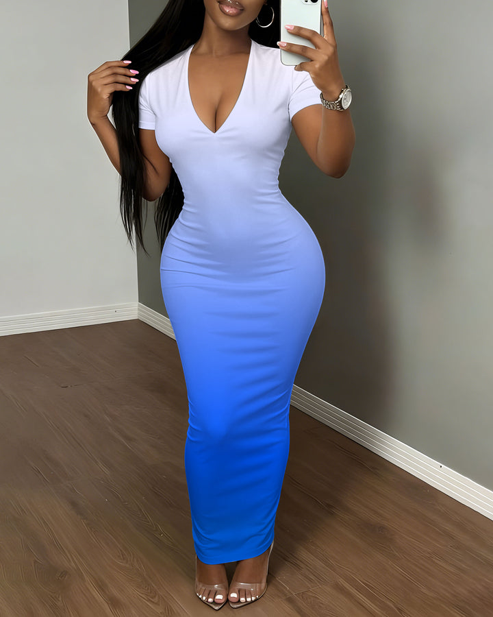 Women's Blue & White V-Neck Gradient Dress