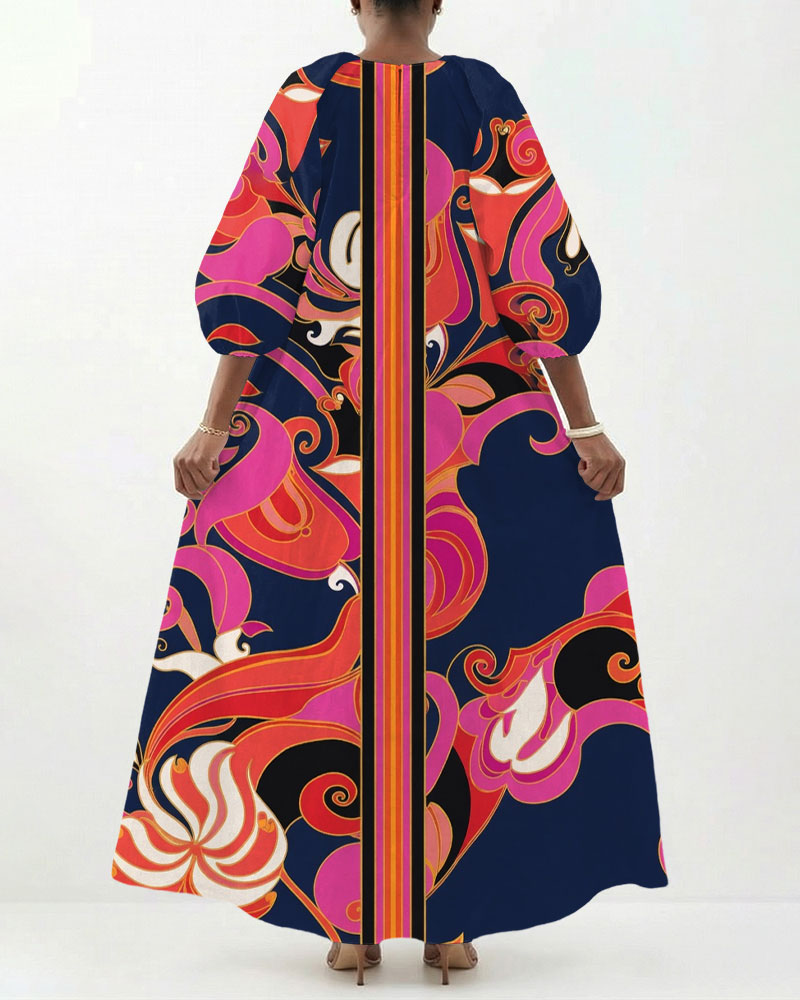 Symmetrical Floral Print V-Neck Dress