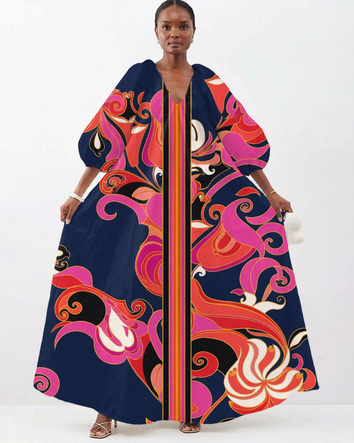 Symmetrical Floral Print V-Neck Dress