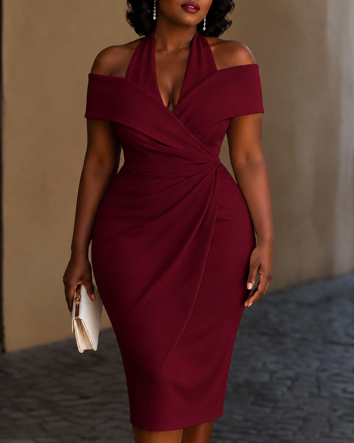 Off-Shoulder Halter Collar Ruched Wrap Midi Dress