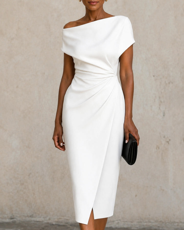 Off Shoulder Waist Cinched Ruched Slit Hem Midi Dress