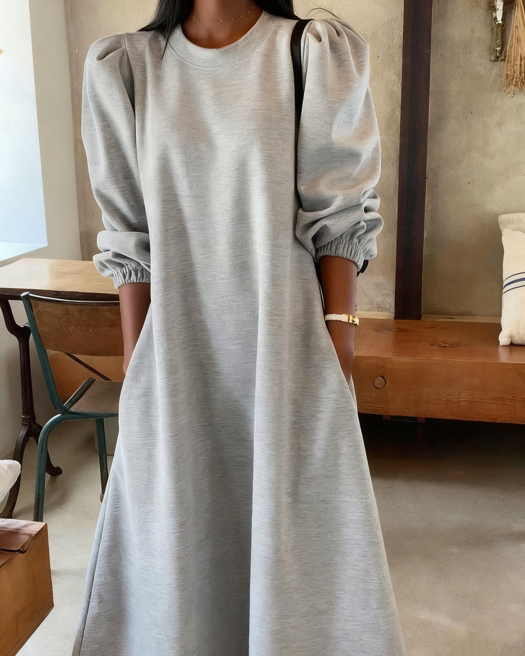 Round Neck Double Pocket Tight Waist Fleece Long Sweater Dress