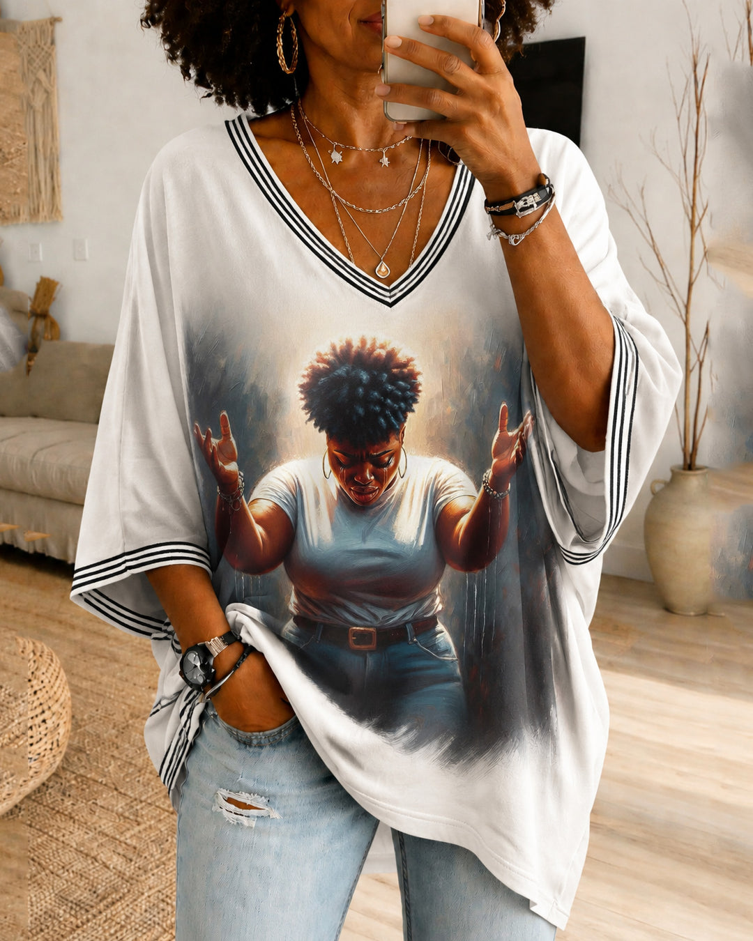 Praying God Illustration V‑Neck Half‑Sleeve Loose‑Fit Top