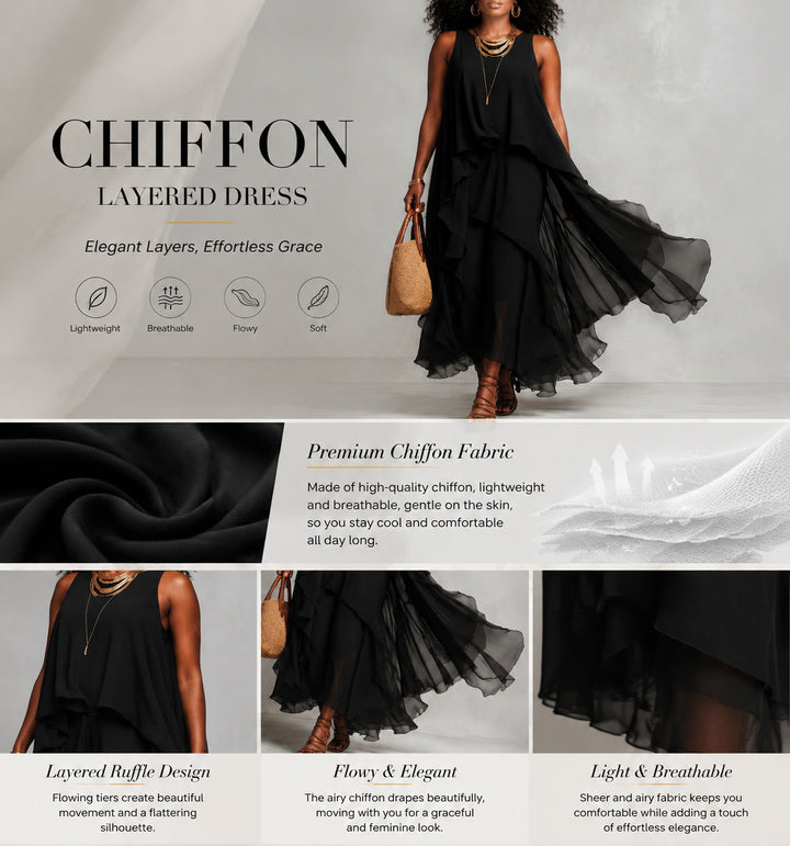 Black Chiffon Layered Round Neck Sleeveless Maxi Dress