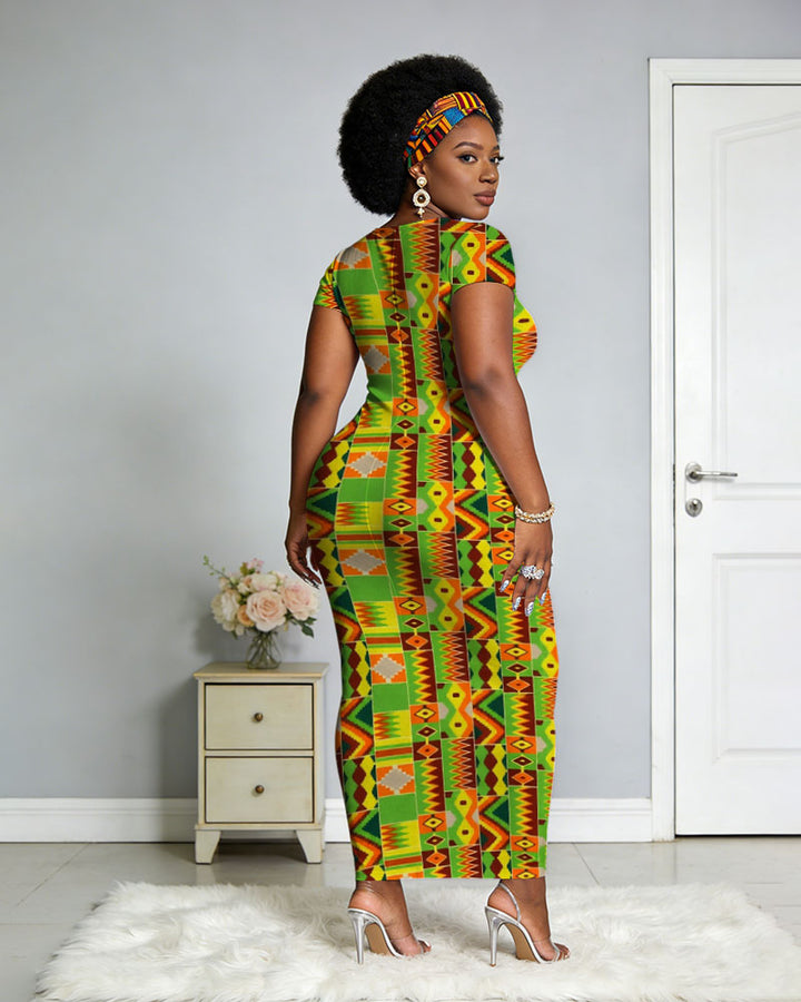 African Kent Cloth Traditional Floral Print Women's Slim-fit Round Neck Long Dress