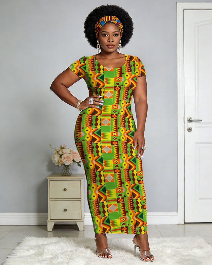African Kent Cloth Traditional Floral Print Women's Slim-fit Round Neck Long Dress