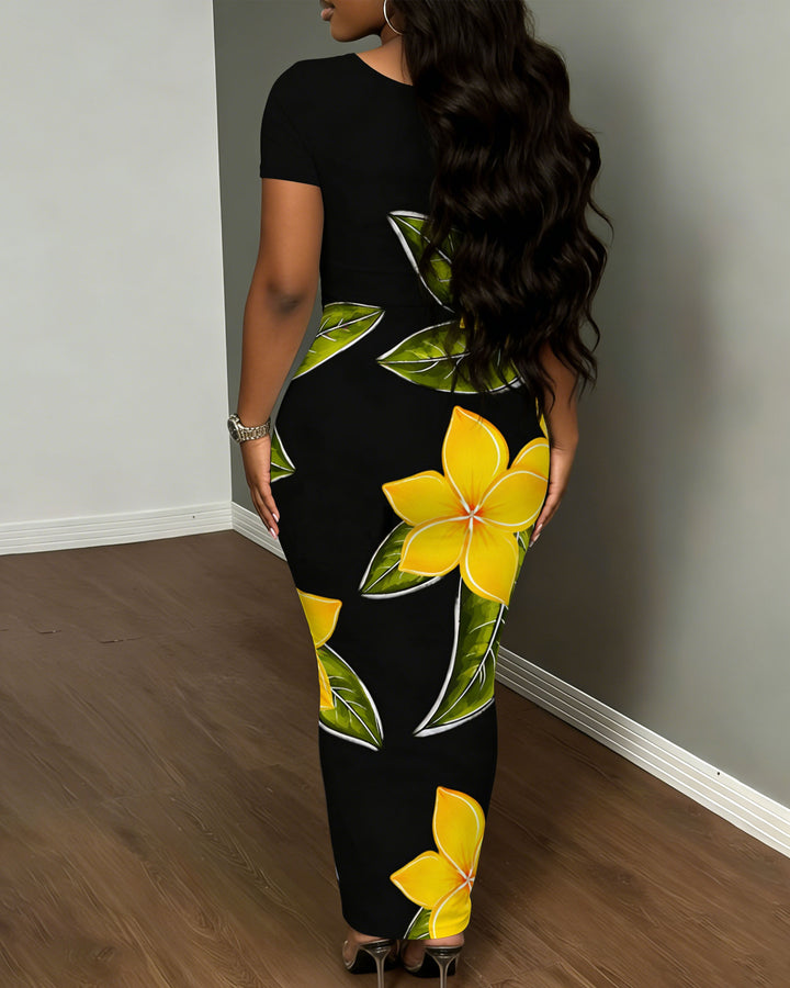 Women's V-neck Large Floral Print Hip Dress