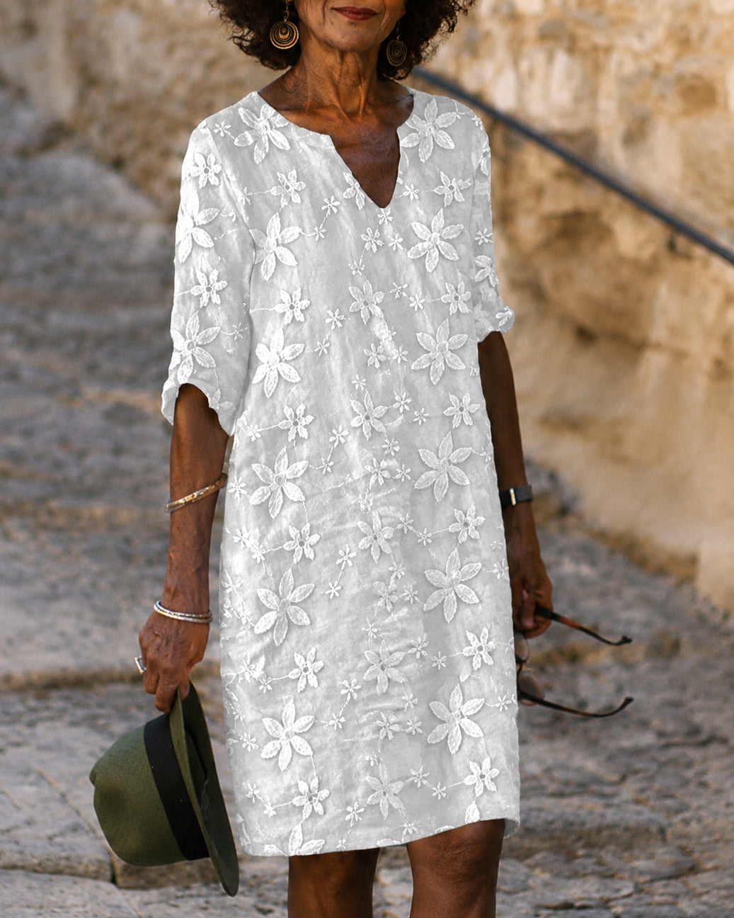 V-neck 5/4 Sleeve Mesh Embroidered Mini Dress