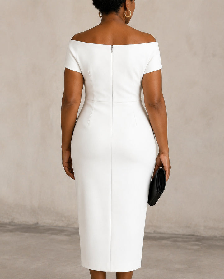 Off Shoulder Waist Cinched Ruched Slit Hem Midi Dress
