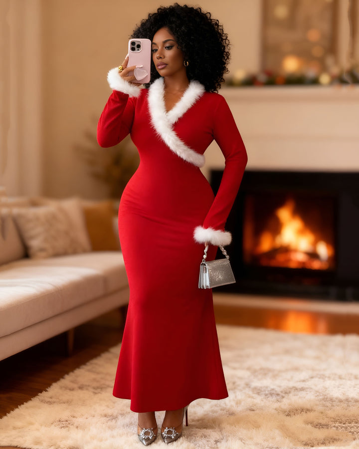 V-Neck Fuzzy Long Sleeve bodycon Long Dress