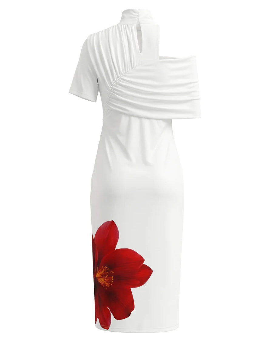 Elegant Large Flowers One-shoulder Draped Asymmetrical Midi Dress