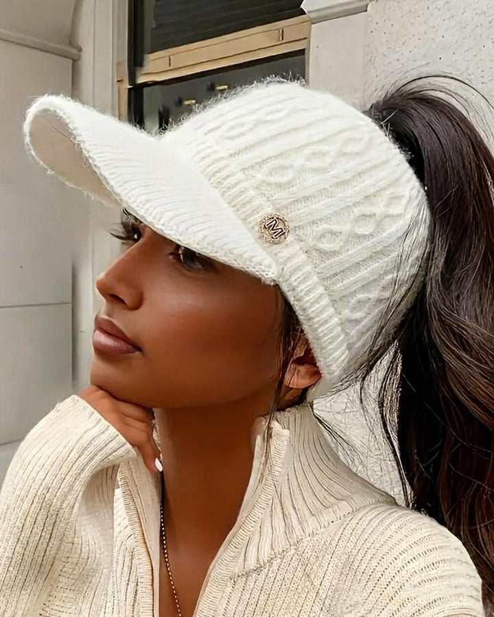 Women's Winter Knitted Hat, Lined, Non-Stretch Acrylic Material, Flat Top, Knitted Structure, Breathable Beret - Foldable Design