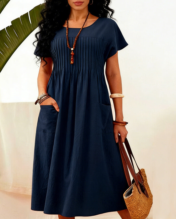 Round Neck Pocket Pleated Short Sleeve Cotton Linen Dress